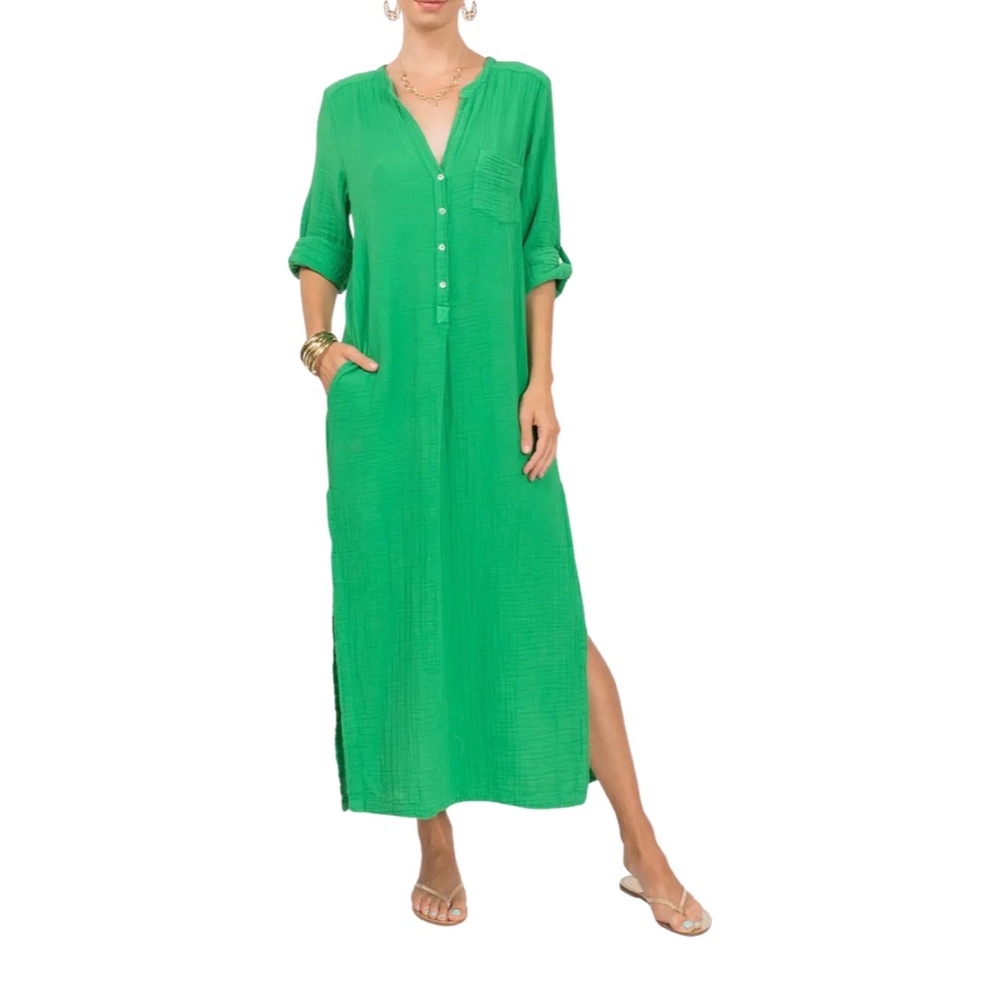 Everday Rituals Deep V-Neck Cotton Kaftan in Parakeet Green